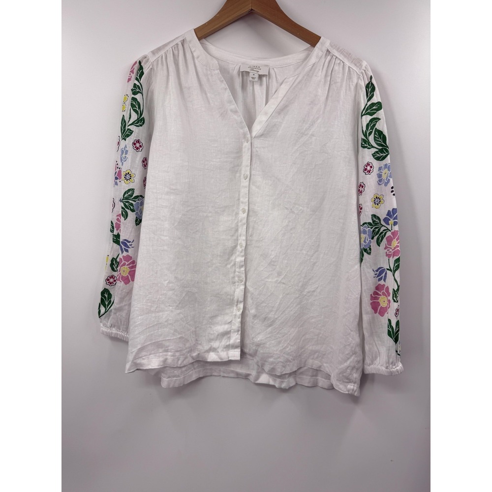 Charter Club Blouse Womens Medium White Linen Embroidered Floral‎ Sleeve Tunic